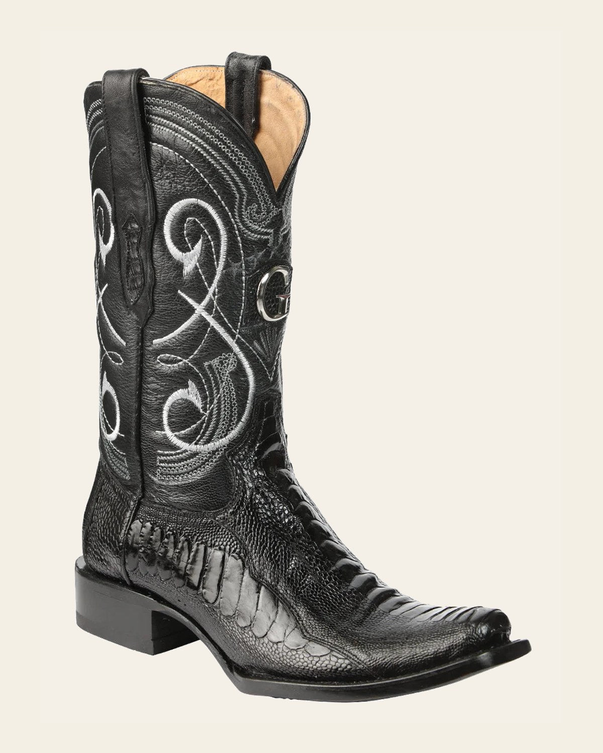 El General Men's Exotic Ostrich Leg Cowboy Boots - Black 45510 on a warm cream background