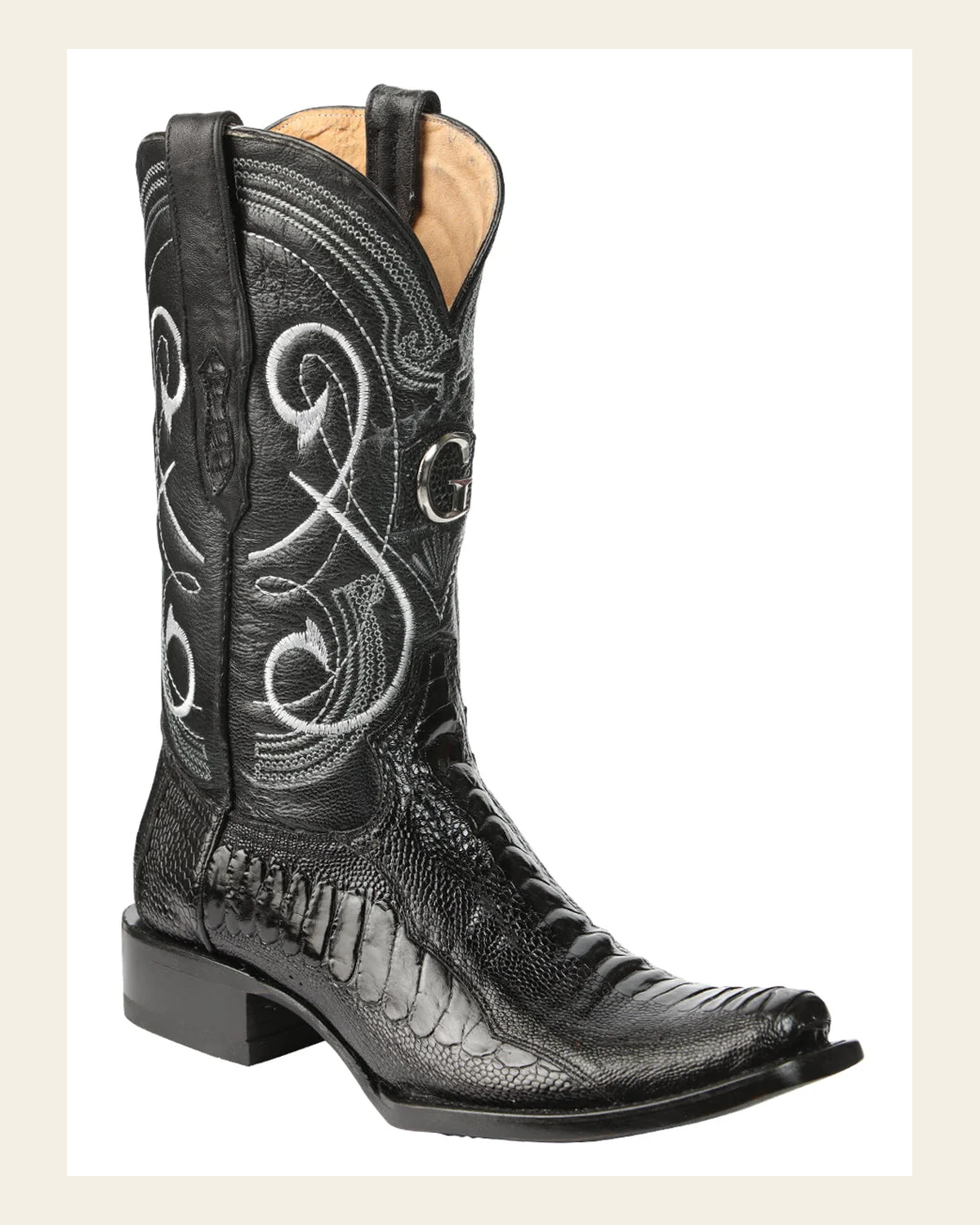 El General Men's Exotic Ostrich Leg Cowboy Boots - Black 45510 on a warm cream background