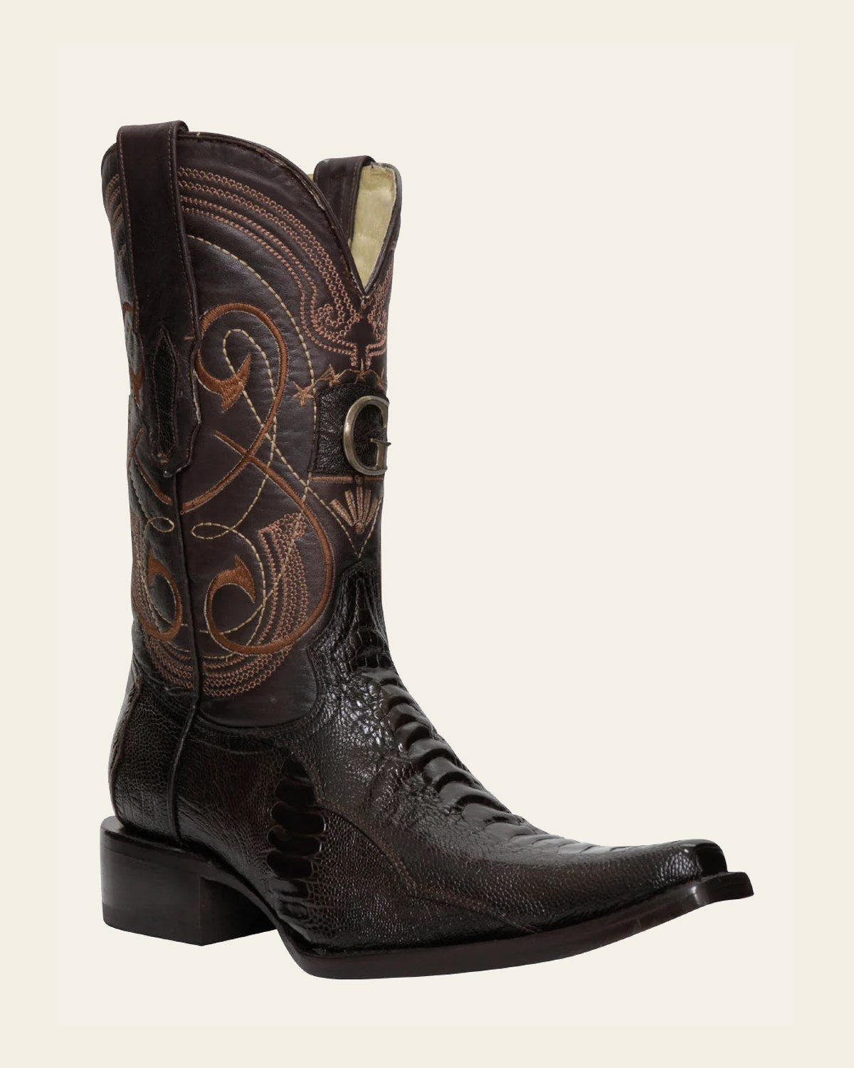 El General Men's Exotic Ostrich Leg Cowboy Boots - Brown 45068 on a warm cream background