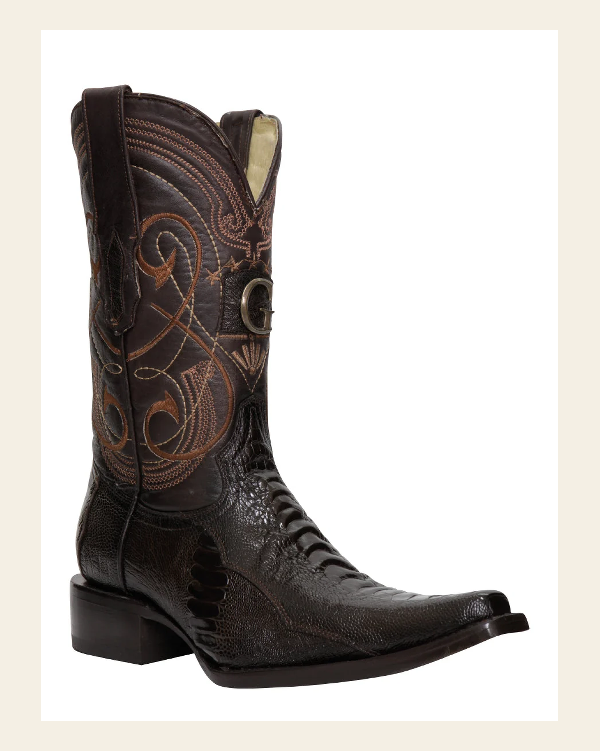 El General Men's Exotic Ostrich Leg Cowboy Boots - Brown 45068 on a warm cream background