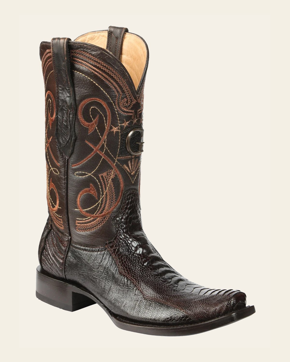 El General Men's Exotic Ostrich Leg Cowboy Boots - Brown 45511 on a warm cream background