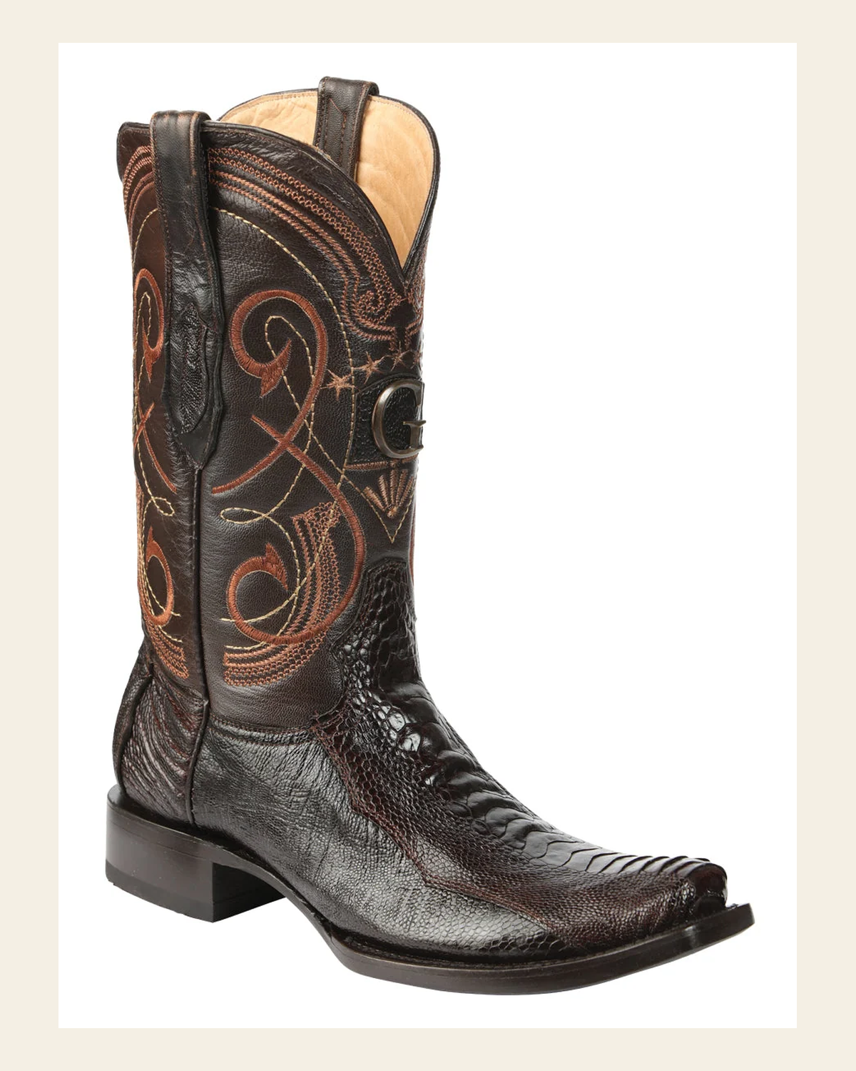El General Men's Exotic Ostrich Leg Cowboy Boots - Brown 45511 on a warm cream background