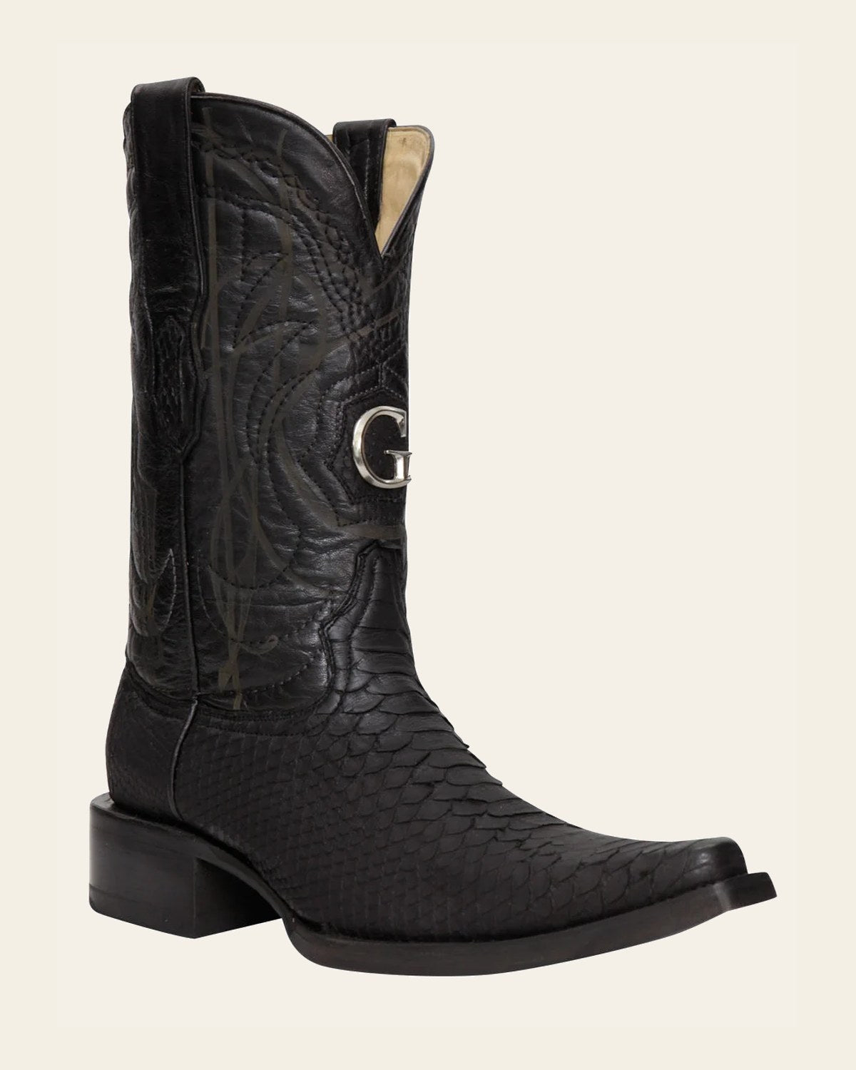 El General Men's Exotic Python Leather Cowboy Boots - Black 45087 on a warm cream background