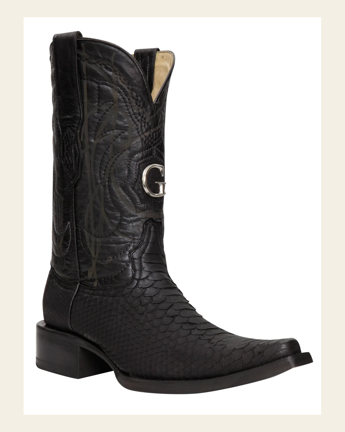El General Men's Exotic Python Leather Cowboy Boots - Black 45087 on a warm cream background
