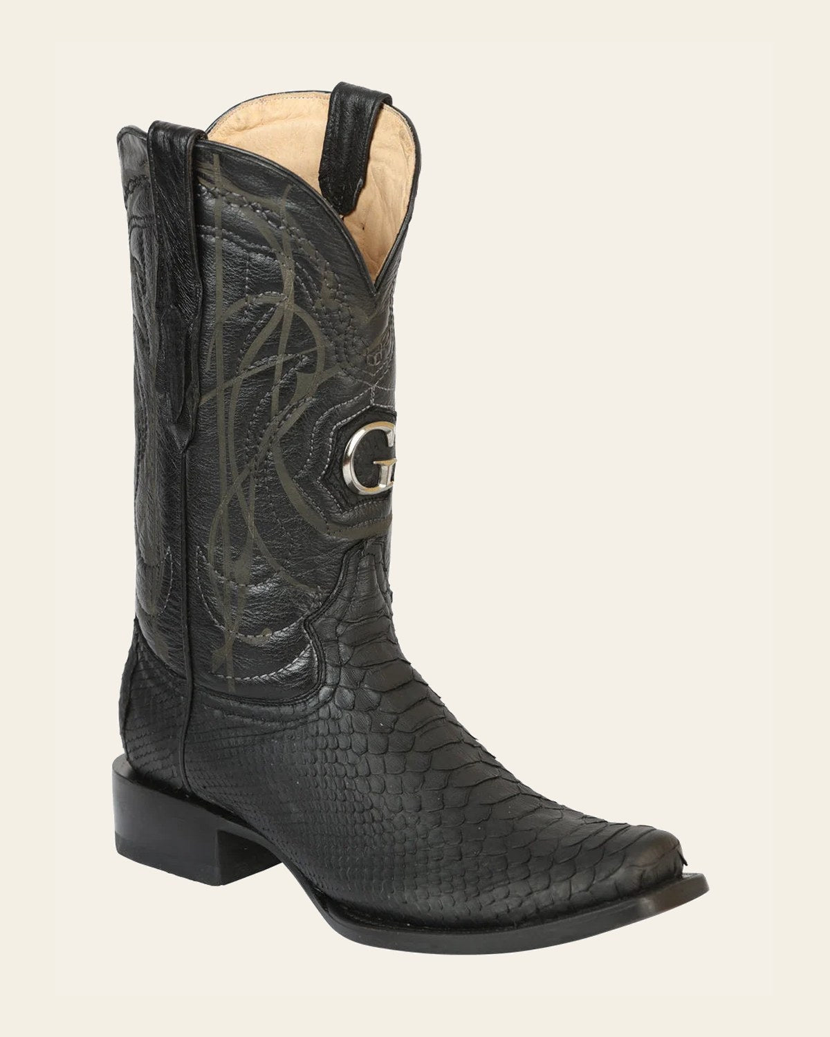 El General Men's Exotic Python Leather Cowboy Boots - Black 45523 on a warm cream background