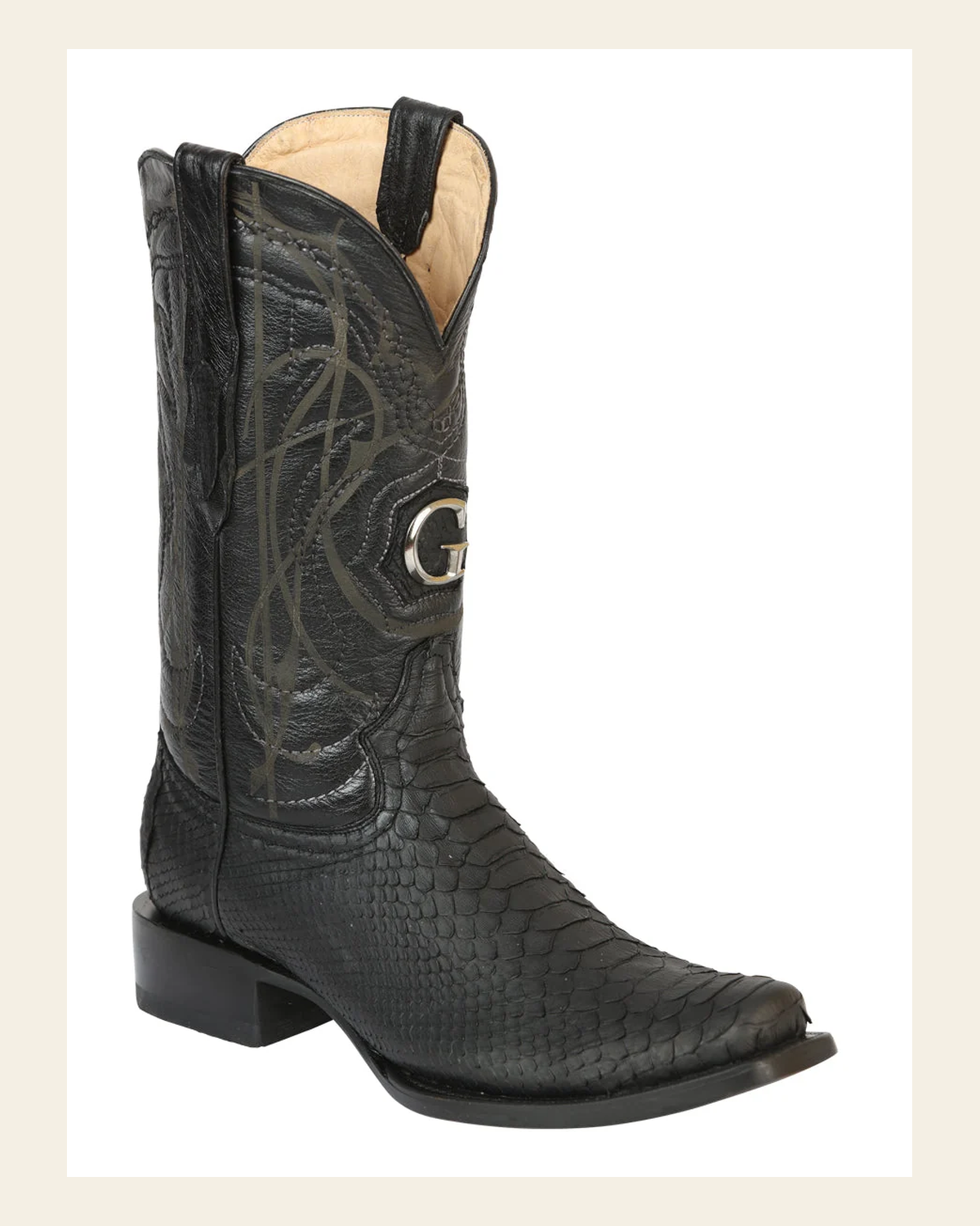 El General Men's Exotic Python Leather Cowboy Boots - Black 45523 on a warm cream background