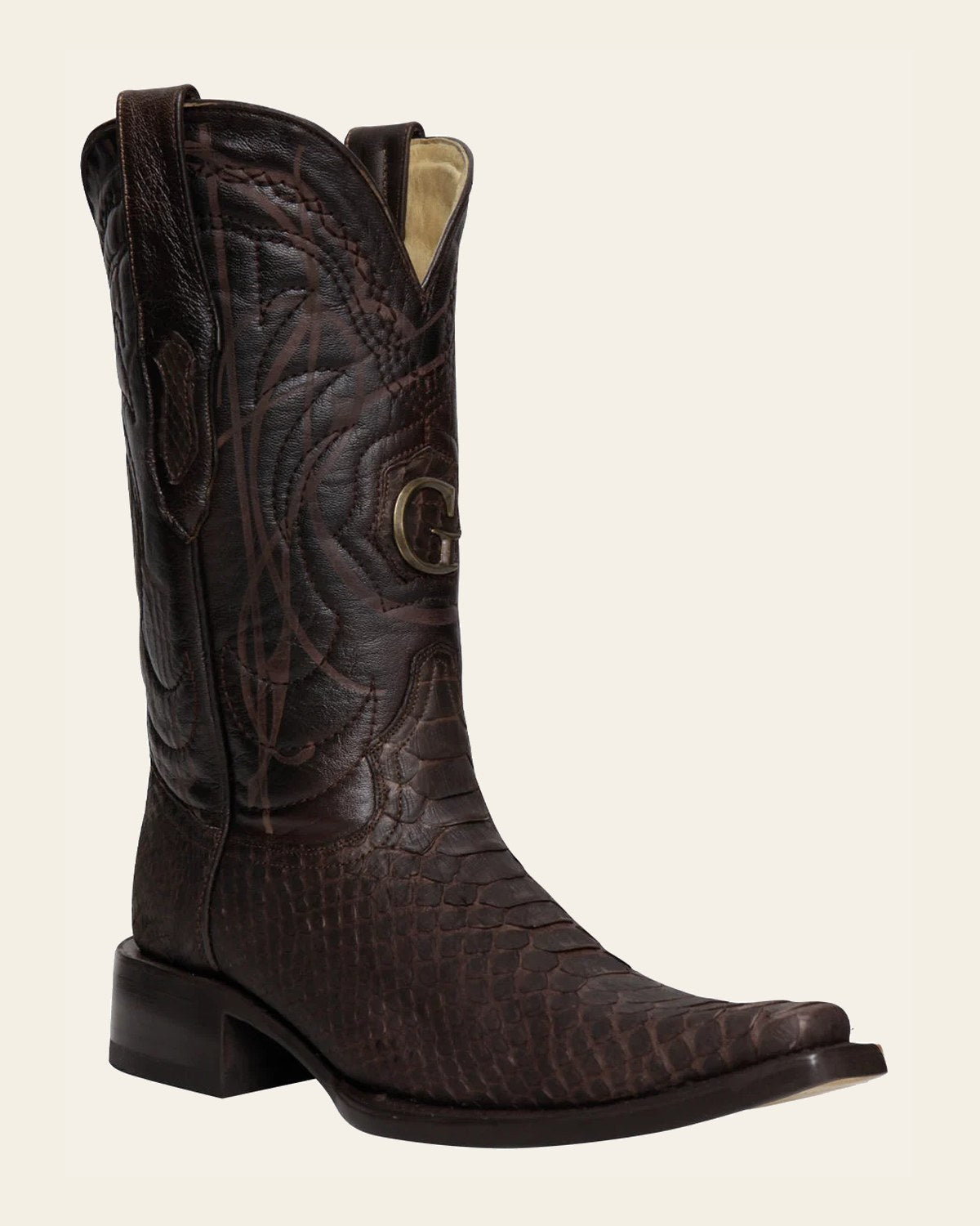 El General Men's Exotic Python Leather Cowboy Boots - Brown 45088 on a warm cream background