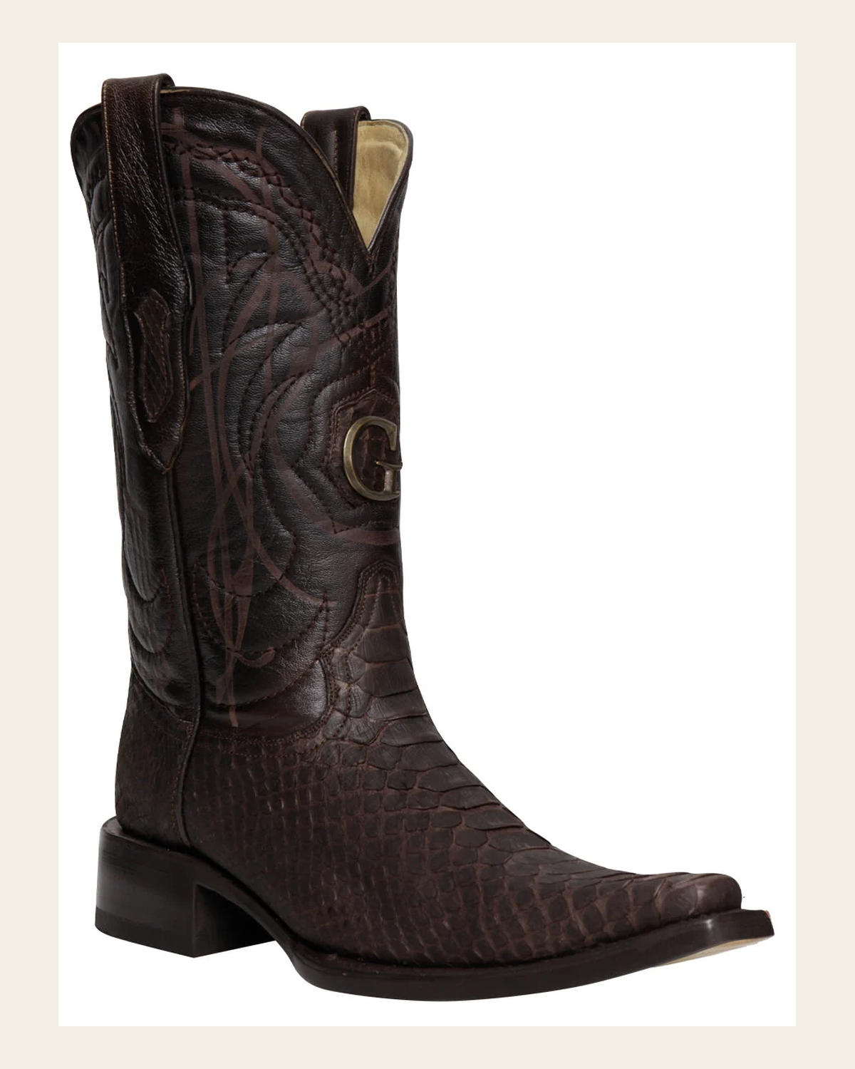 El General Men's Exotic Python Leather Cowboy Boots - Brown 45088 on a warm cream background