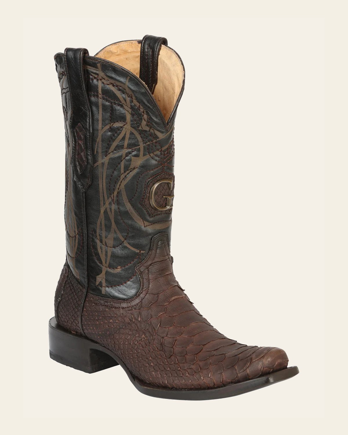 El General Men's Exotic Python Leather Cowboy Boots - Brown 45524 on a warm cream background