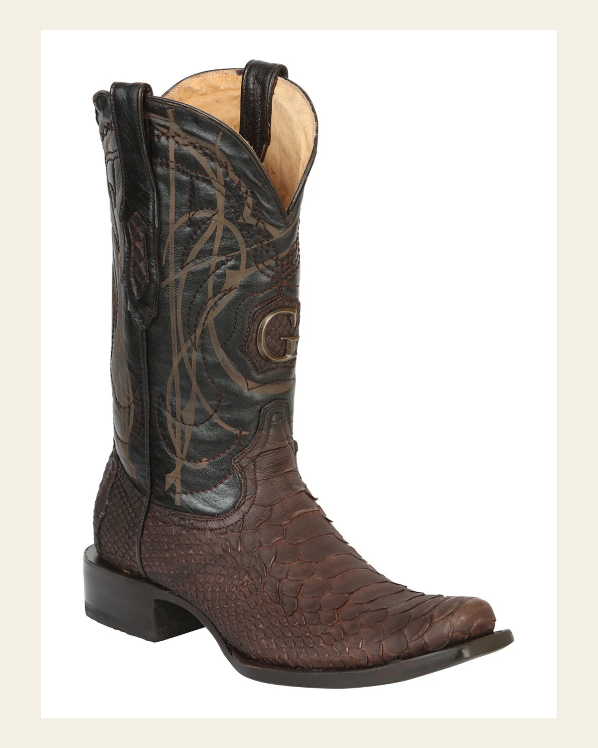 El General Men's Exotic Python Leather Cowboy Boots - Brown 45524 on a warm cream background