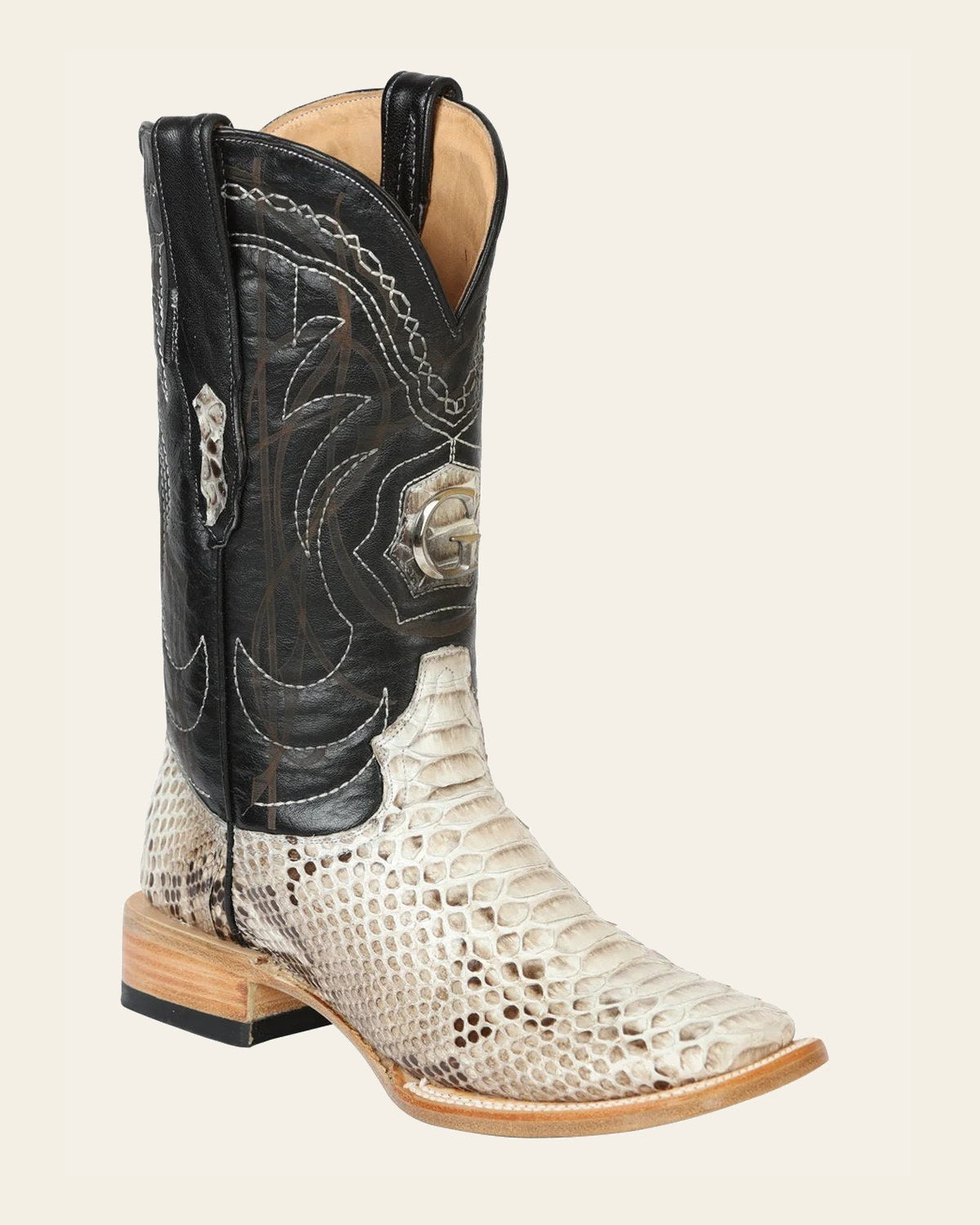 El General Men's Exotic Python Leather Cowboy Boots - Natural 45501 on a warm cream background