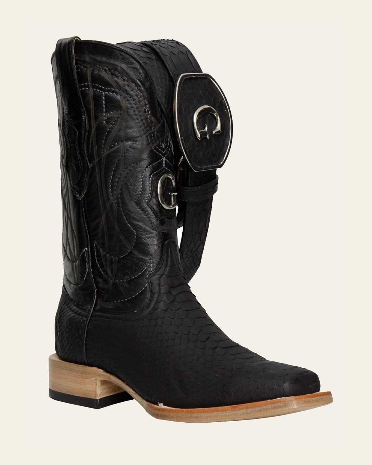 El General Men's Exotic Python Rodeo Boots - Black 45089 on a warm cream background