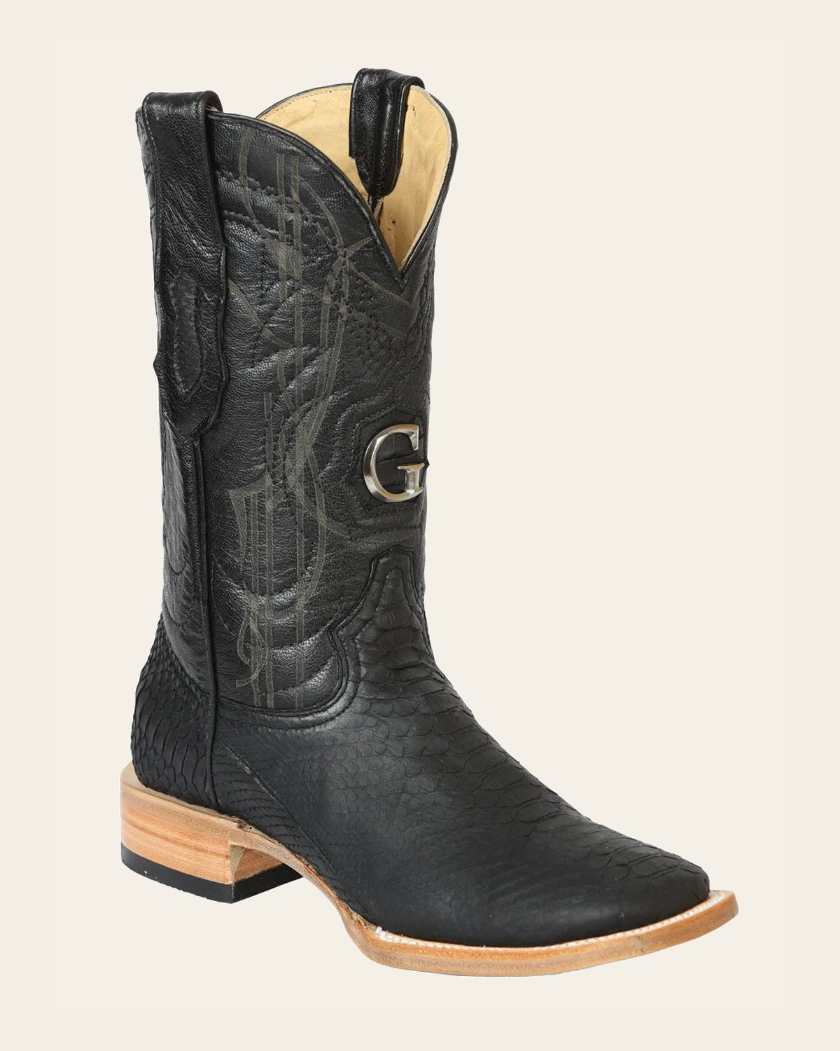 El General Men's Exotic Python Rodeo Boots - Black 45503 on a warm cream background