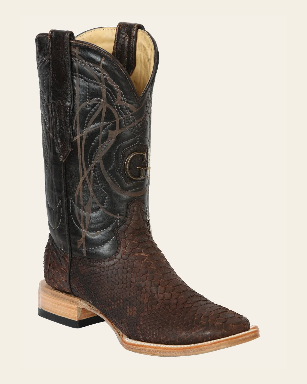 El General Men's Exotic Python Rodeo Boots - Brown 45502 on a warm cream background