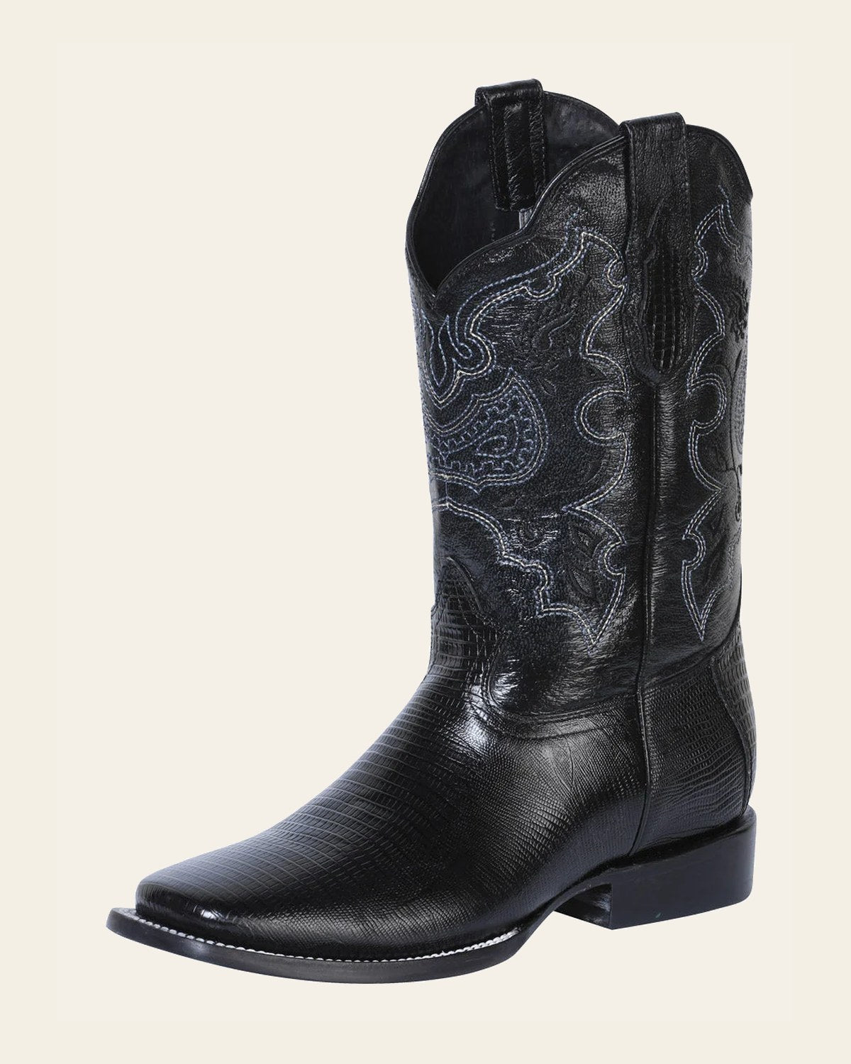 El General Men's Leather Cowboy Boot - Made in Mexico - Embossed Lizard Print - Black 41904 on a warm cream background