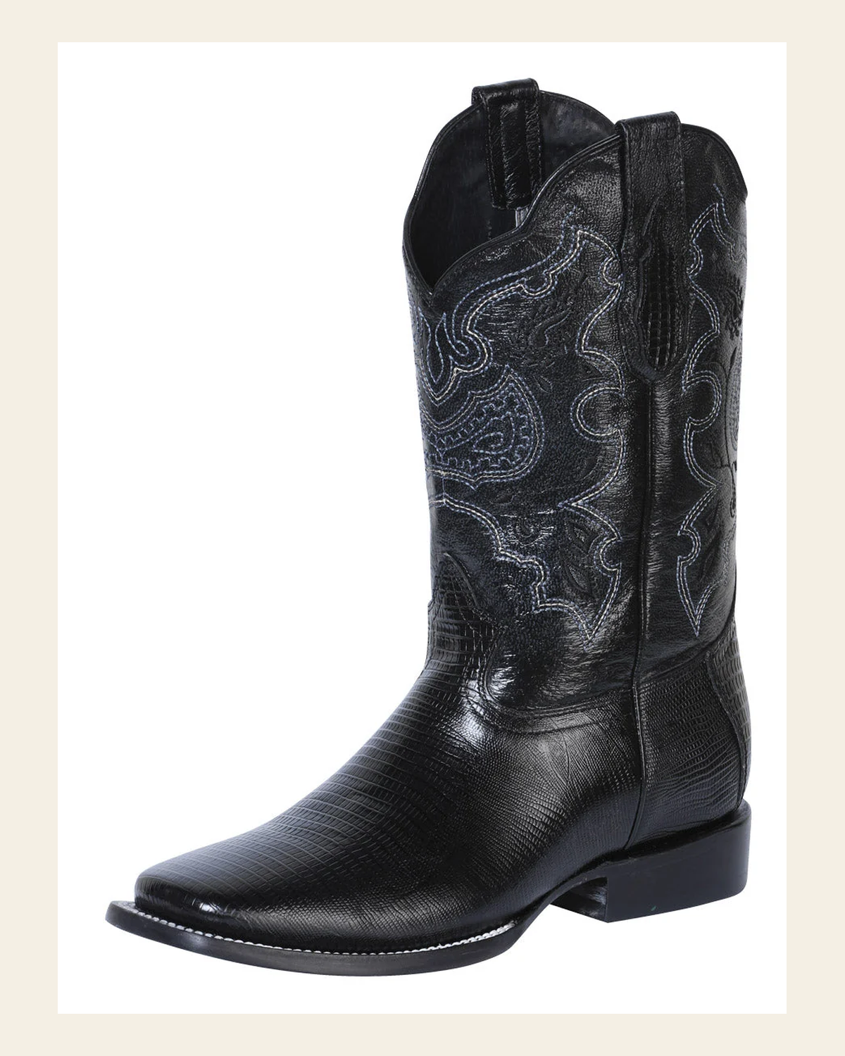 El General Men's Leather Cowboy Boot - Made in Mexico - Embossed Lizard Print - Black 41904 on a warm cream background
