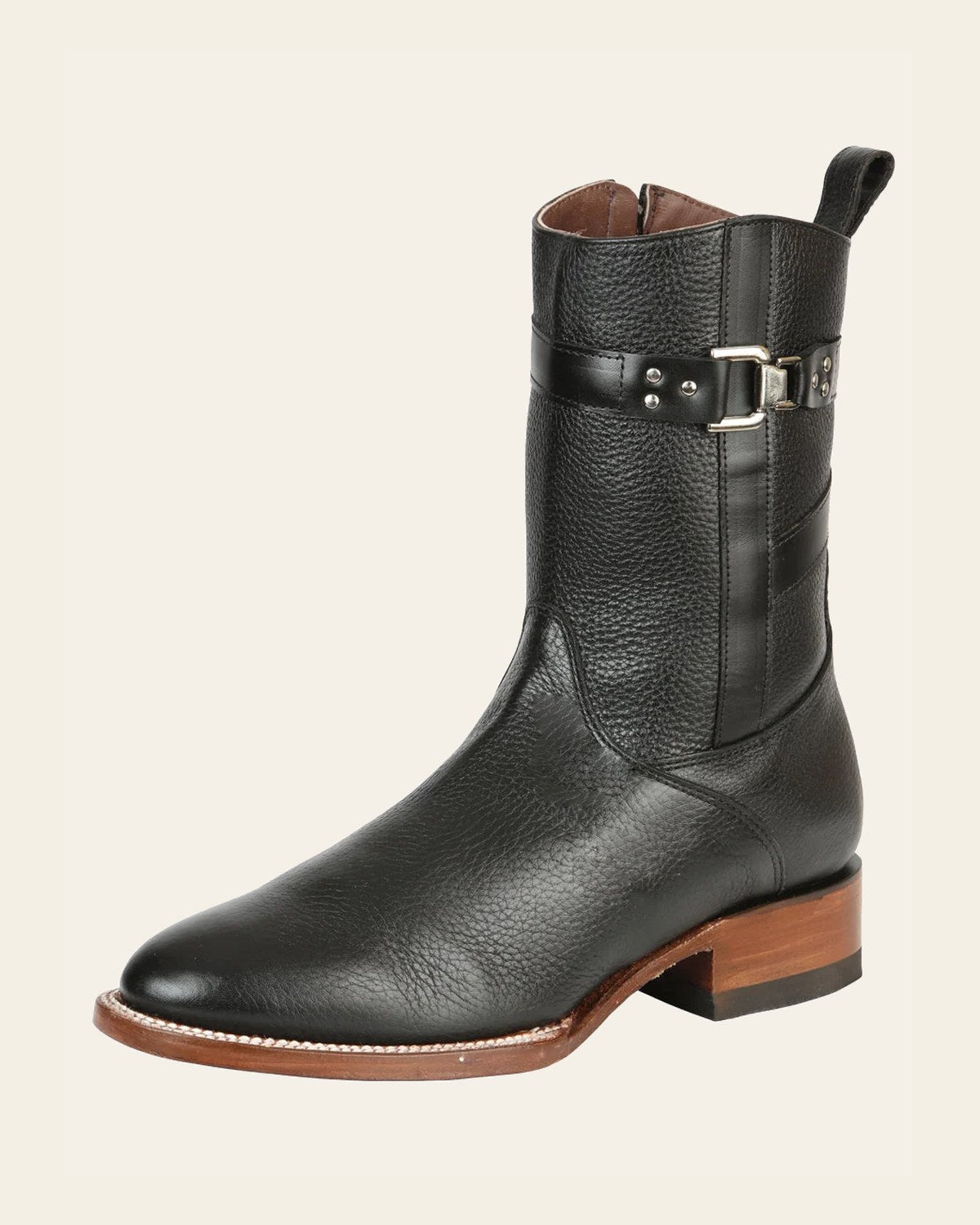 El General Men's Leather Zipper Roper Boots - Made in Mexico - Black 45706 on a warm cream background