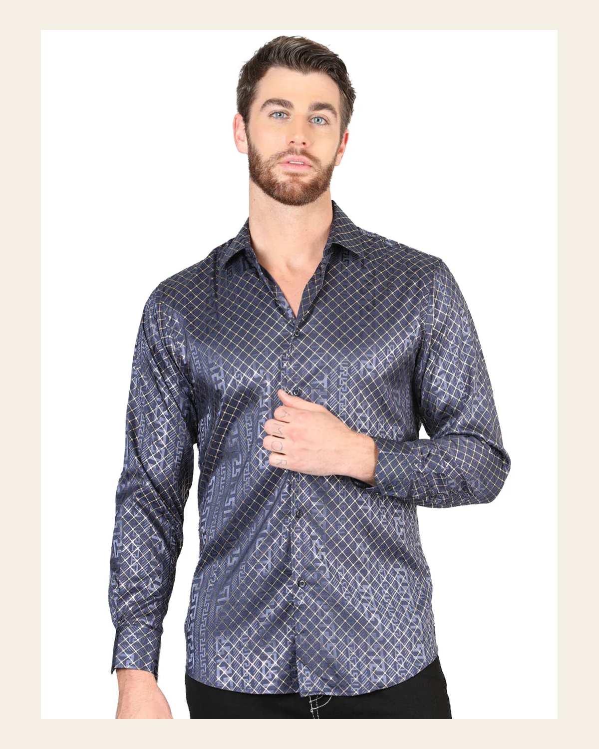El General Navy Blue Casual Long-Sleeve Shirt 44551 on a warm cream background
