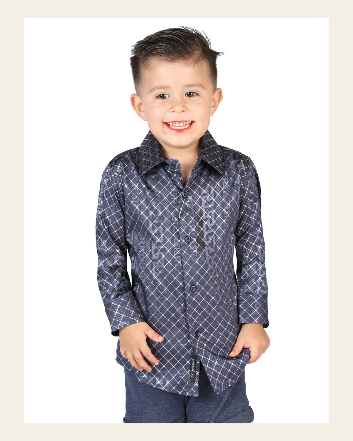 El General Navy Blue Casual Long-Sleeve Shirt 44569 on a warm cream background