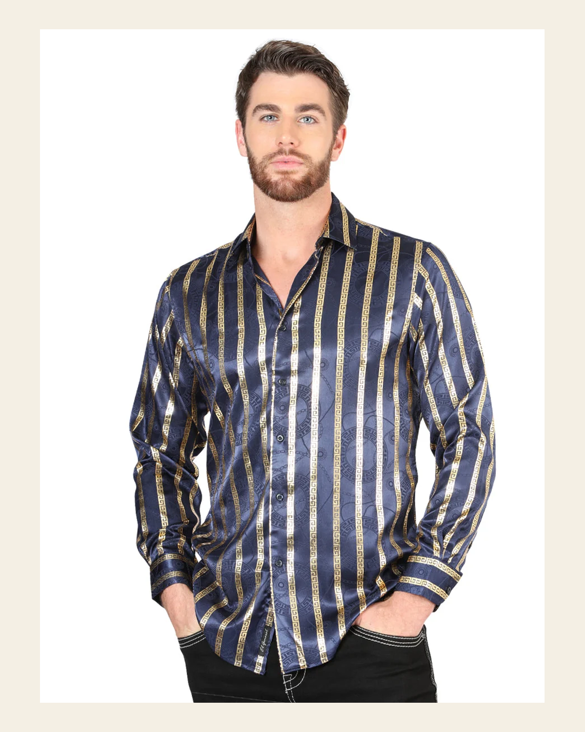 El General Navy/Gold Casual Long-Sleeve Shirt 44553 on a warm cream background