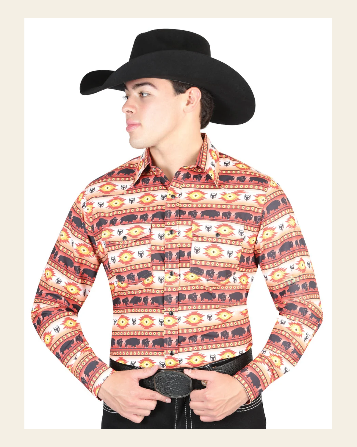El General Men's Long Sleeve Western Fashion Snap Button Shirt - Orange 44314 on a warm cream background