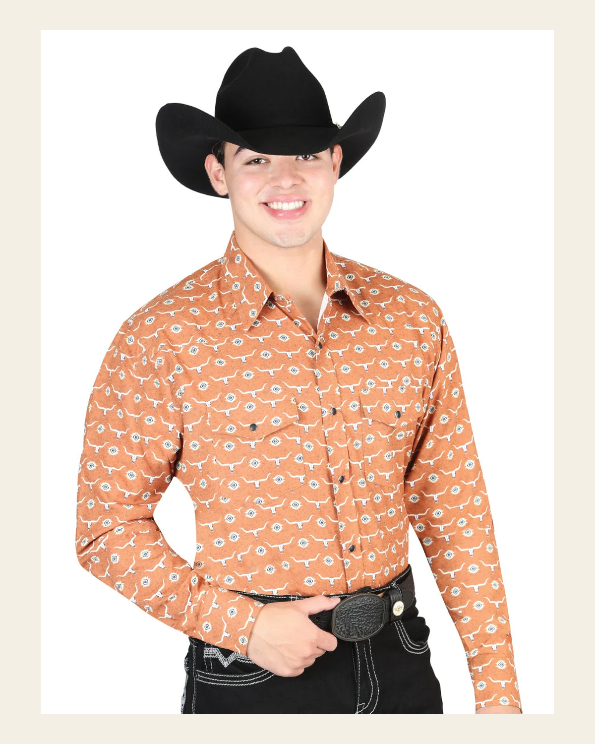 El General Men’s Long Sleeve Snap Button Western Shirt - Orange 44328 on a warm cream background