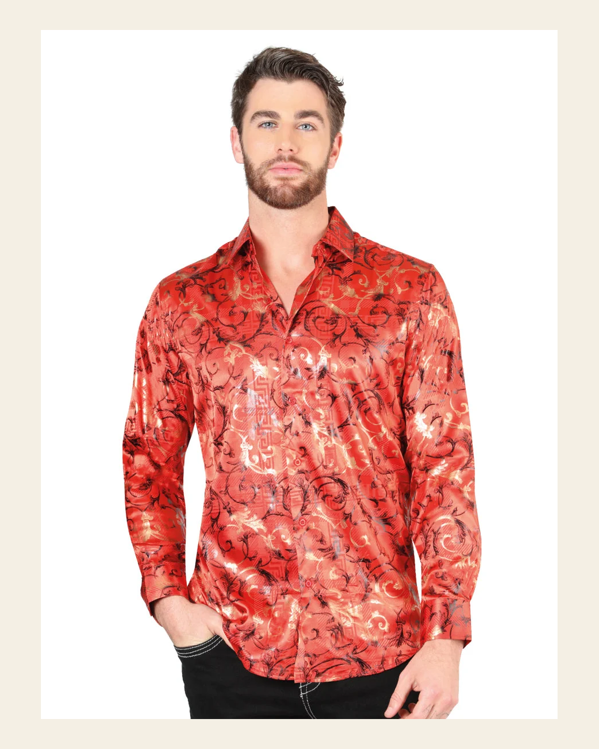 El General Red Casual Long-Sleeve Shirt 44592 on a warm cream background