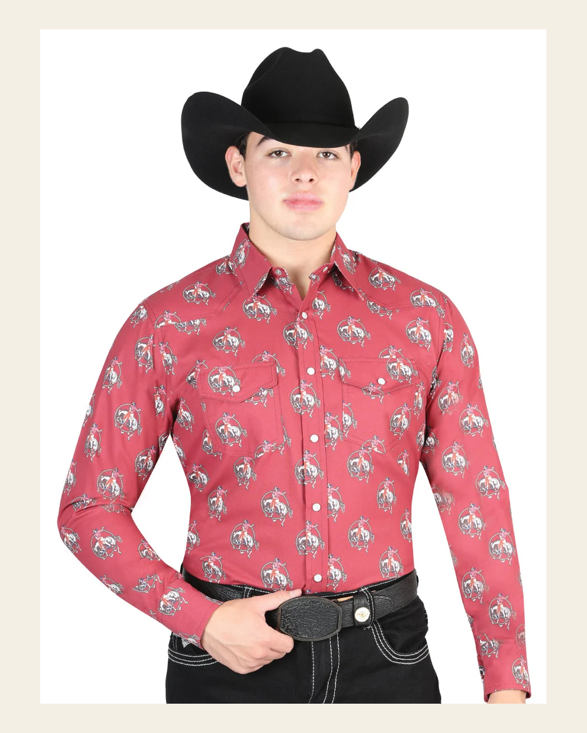 El General Men's Long Sleeve Western Fashion Snap Button Shirt - Red 44306 on a warm cream background