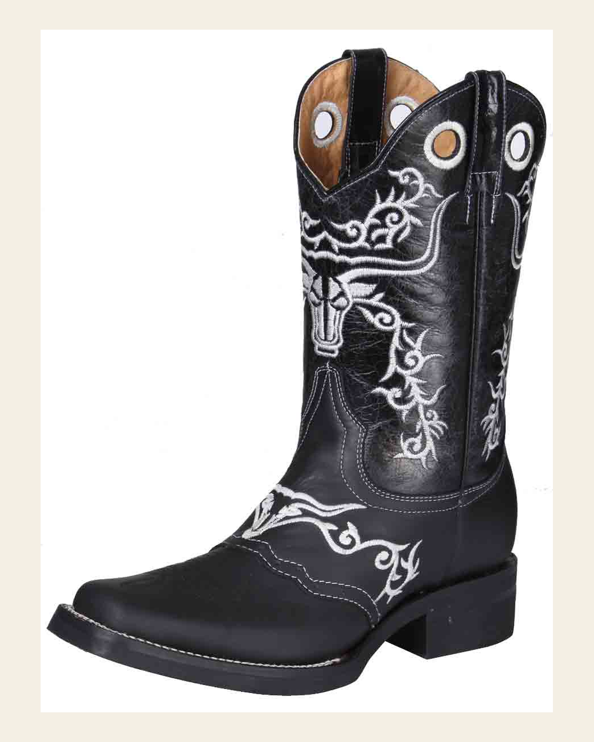 El General Men's Leather Western Cowboy Boot - Made in Mexico - Crazy Black ID#34313 on a warm cream background