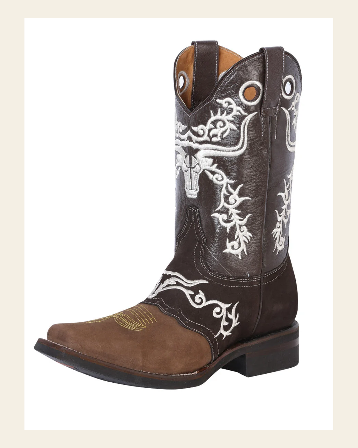 El General Men's Leather Western Cowboy Boot - Made in Mexico Crazy Camel Style 34311 on a warm cream background
