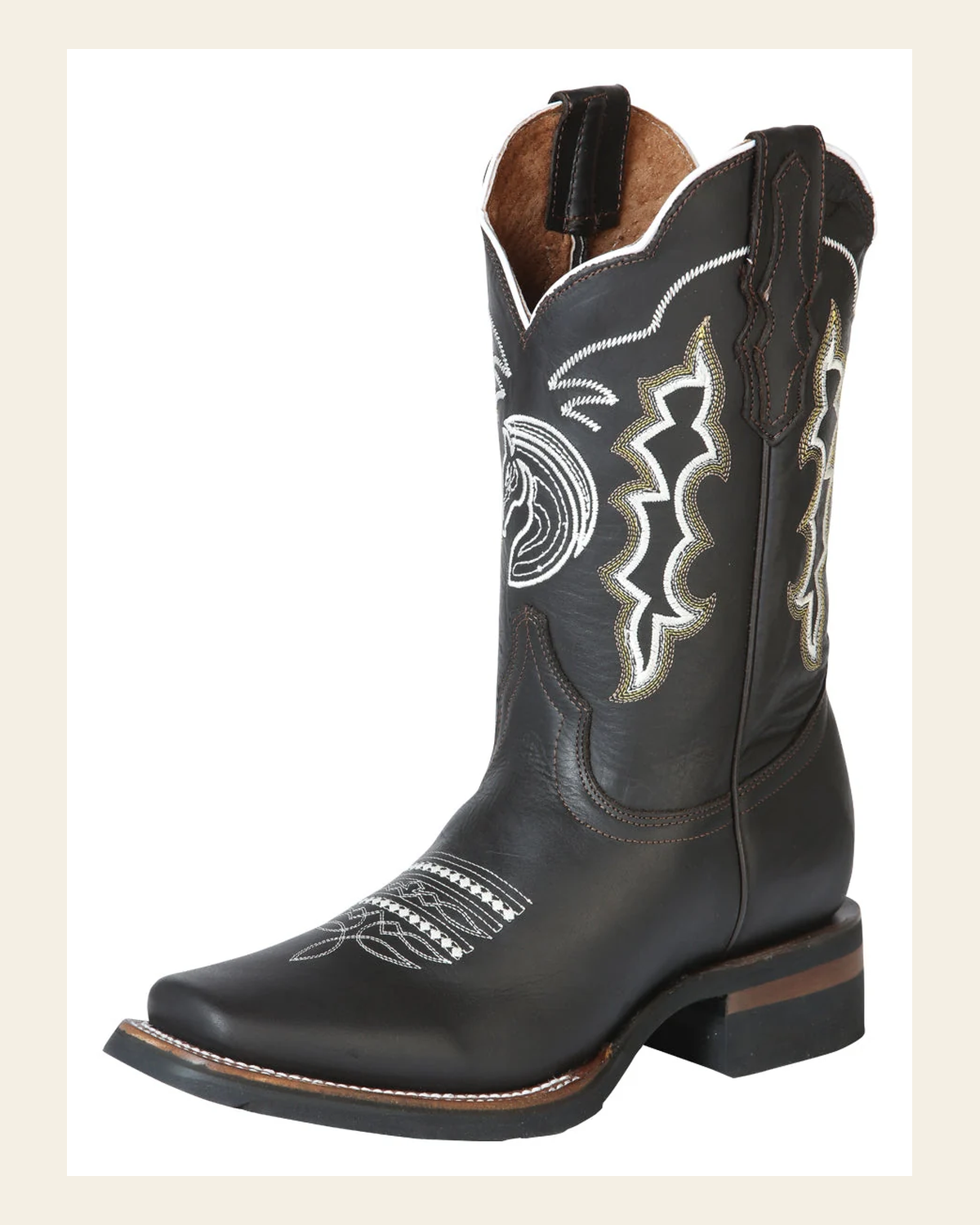 El General Men's Leather Cowboy Boots - Made in Mexico - Crazy Choco 51114 on a warm cream background