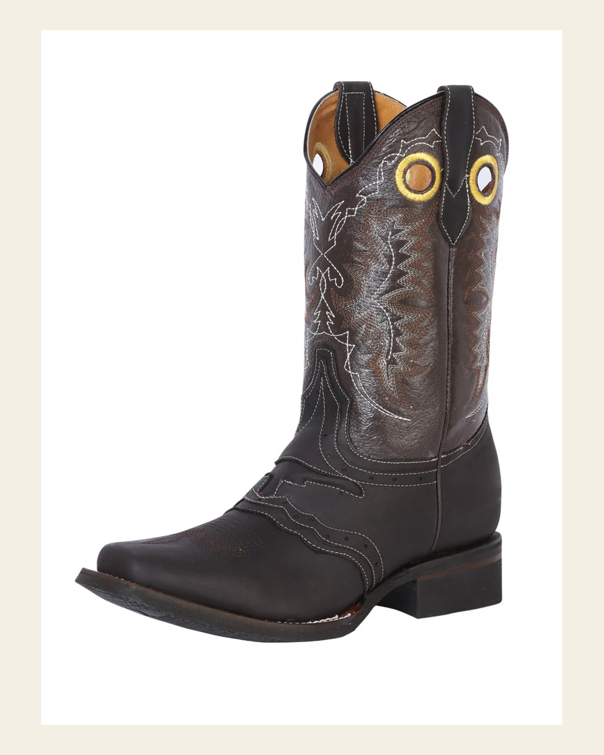 El General Men's Leather Western Cowboy Boot - Made in Mexico - Crazy Dark Brown 33311 on a warm cream background