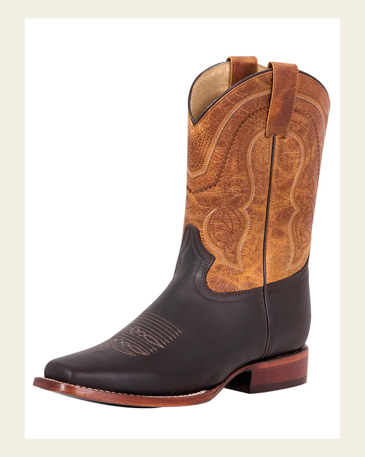 El General Men's Leather Cowboy Boot - Made in Mexico - Dark Brown 42996 on a warm cream background