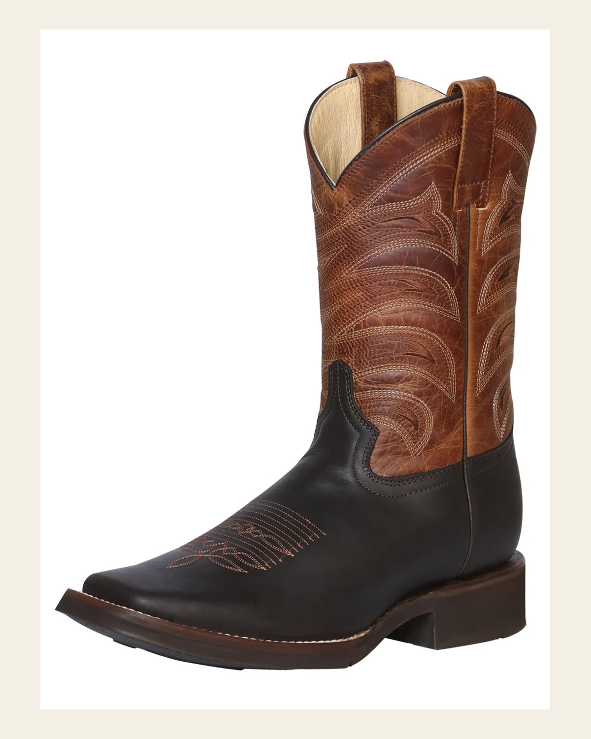 El General Men's Leather Cowboy Boot - Made in Mexico - Dark Brown 43000 on a warm cream background