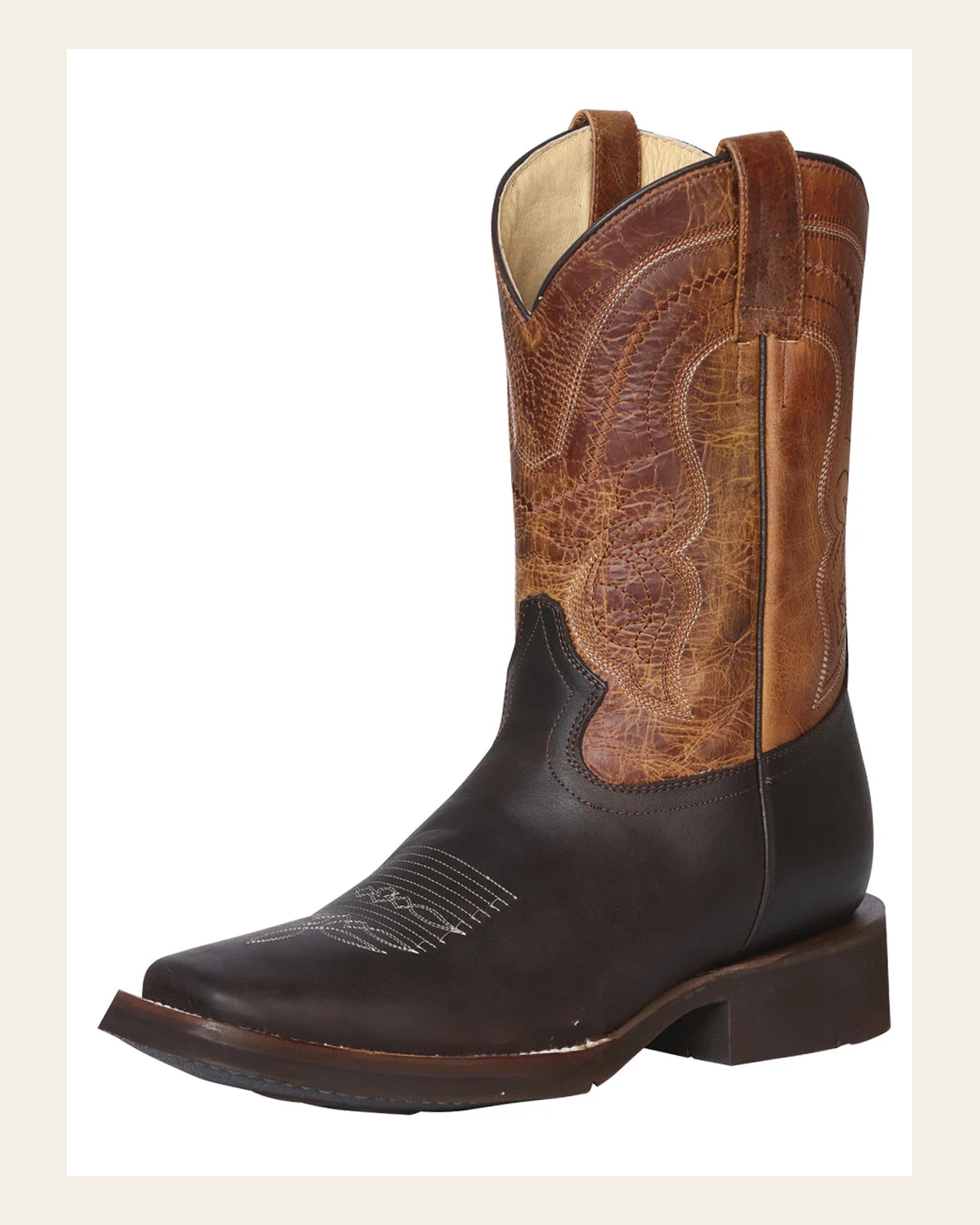 El General Men's Leather Cowboy Boot - Made in Mexico - Crazy Dark Brown 43004 on a warm cream background