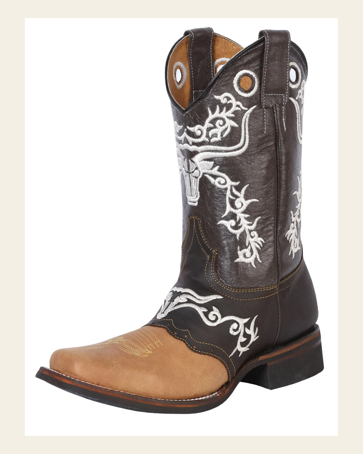 El General Men's Leather Western Cowboy Boot - Made in Mexico- Crazy Honey/Dark Brown 33316 on a warm cream background