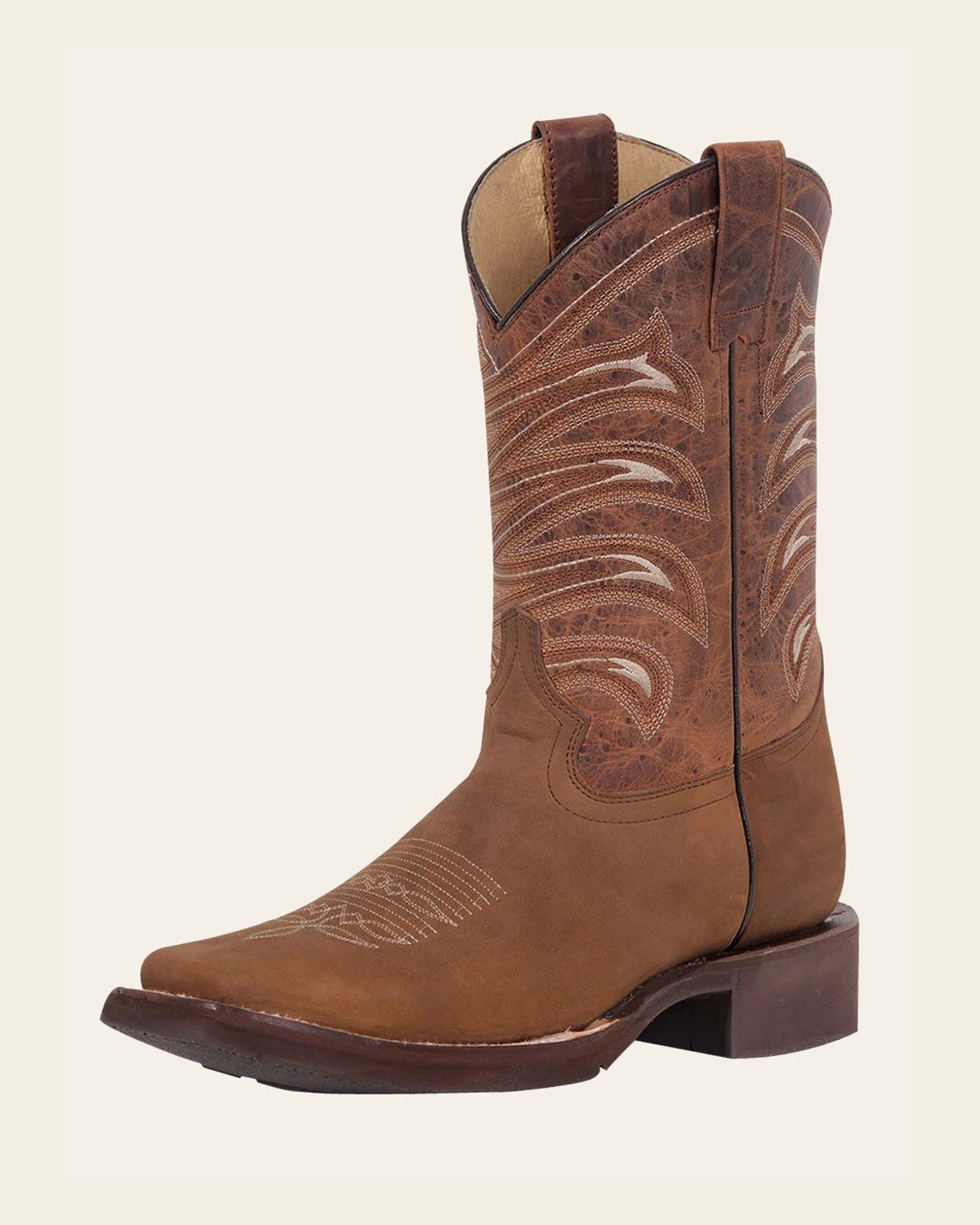 El General Men's Leather Cowboy Boot - Made in Mexico - Crazy Tan 43001 on a warm cream background