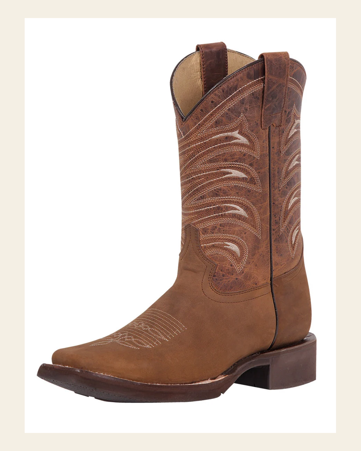 El General Men's Leather Cowboy Boot - Made in Mexico - Crazy Tan 43001 on a warm cream background