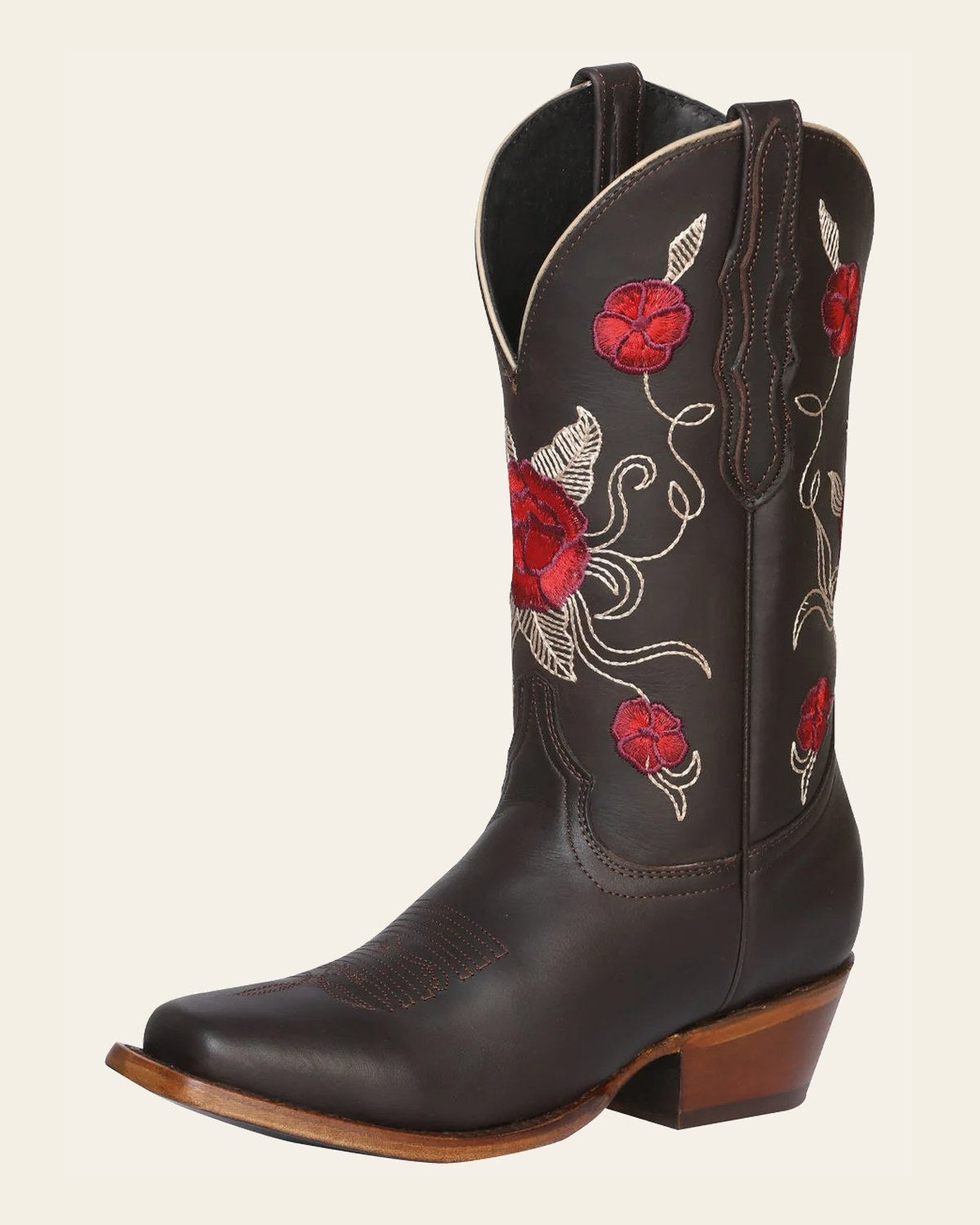 El General Women's Leather Western Cowboy Boot - Dark Brown 41785 on a warm cream background