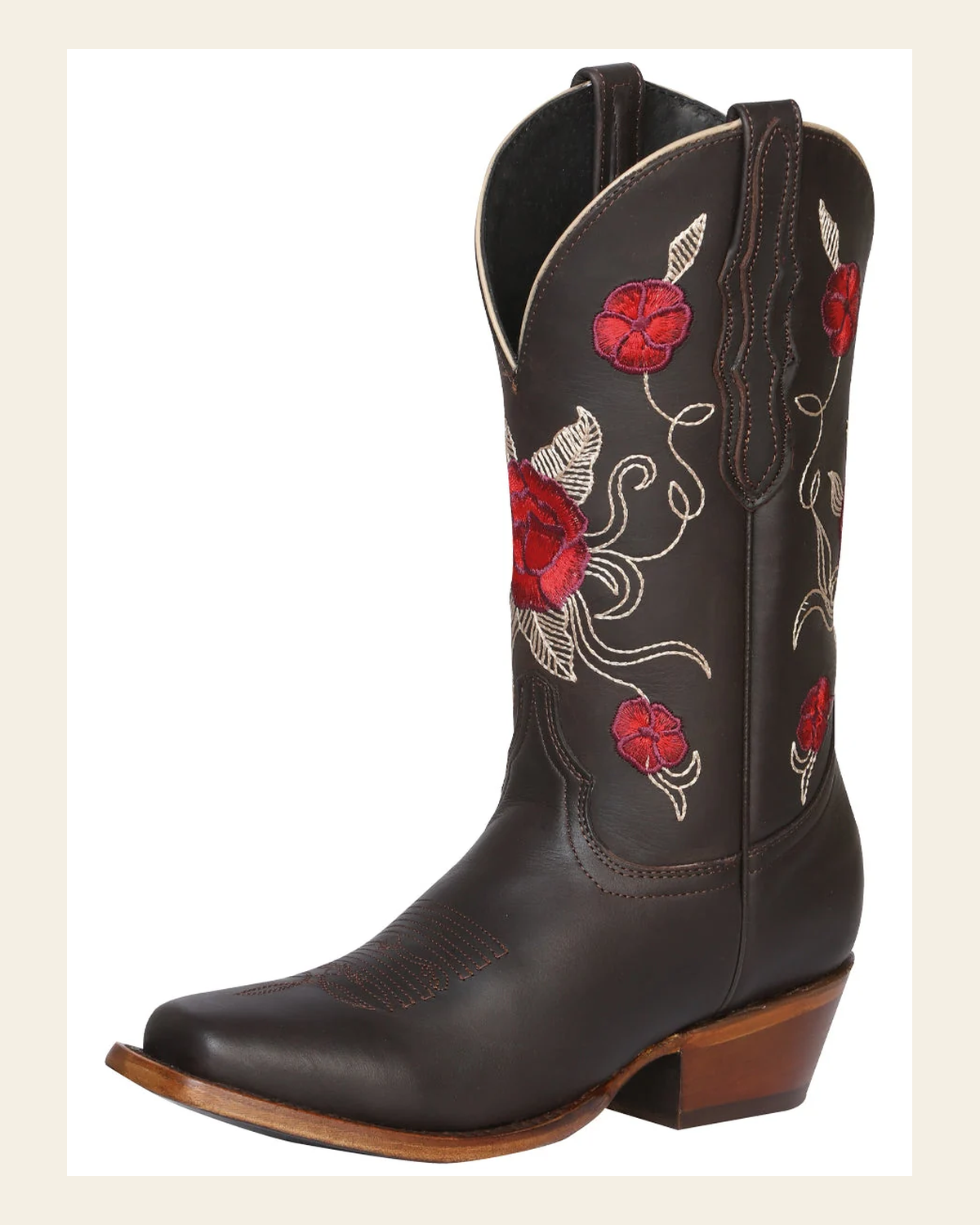 El General Women's Leather Western Cowboy Boot - Dark Brown 41785 on a warm cream background