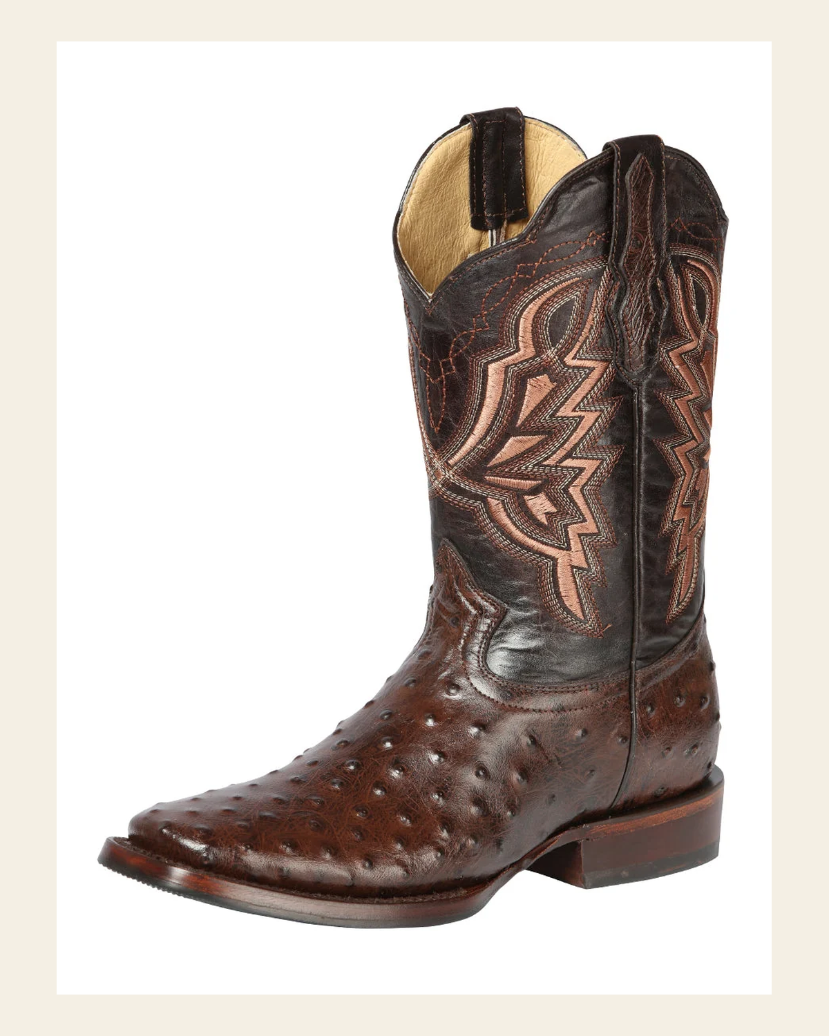 El General Rodeo Boot- Imit Avestruz - Brown 44665 on a warm cream background