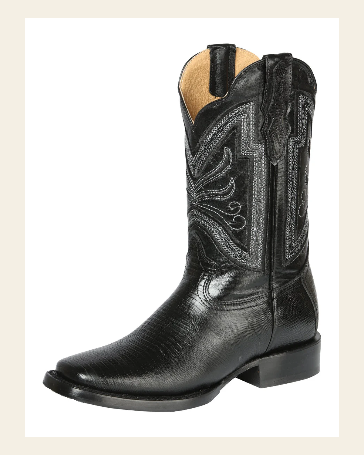 El General Men's Rodeo Boot - Imitation Lizard - Black 44666 on a warm cream background