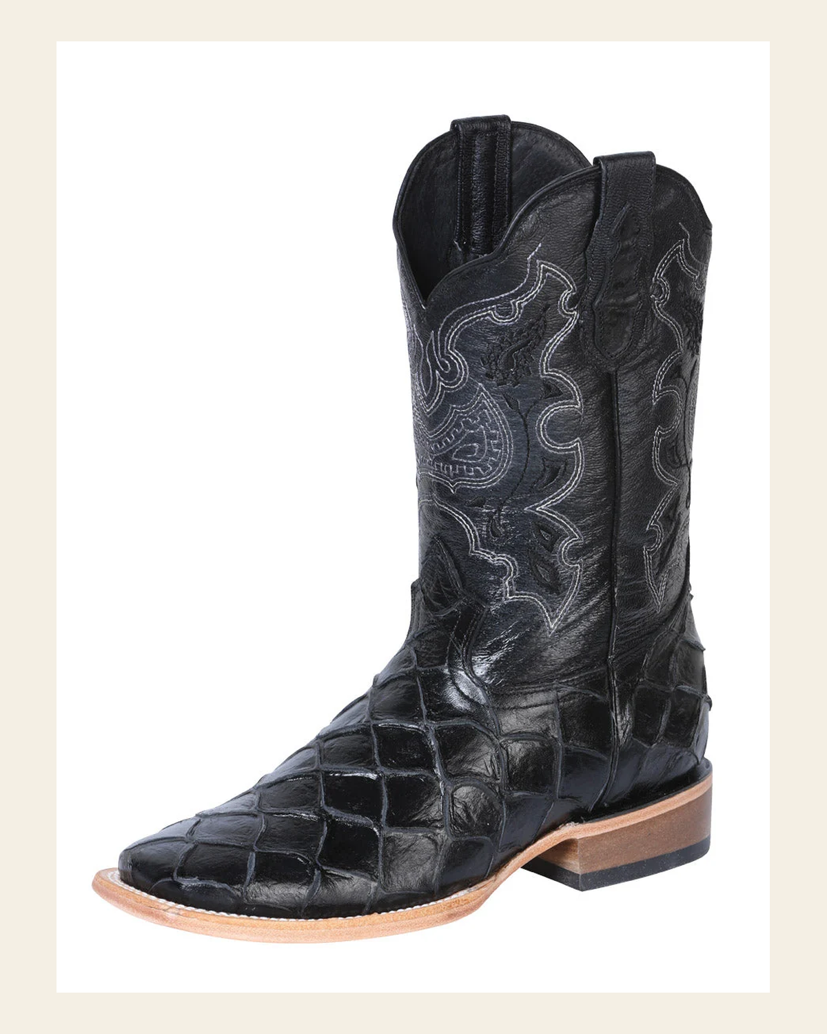 El General Men's Leather Cowboy Boot - Made in Mexico - Embossed Pirarucu Monster Fish Black 41792 on a warm cream background
