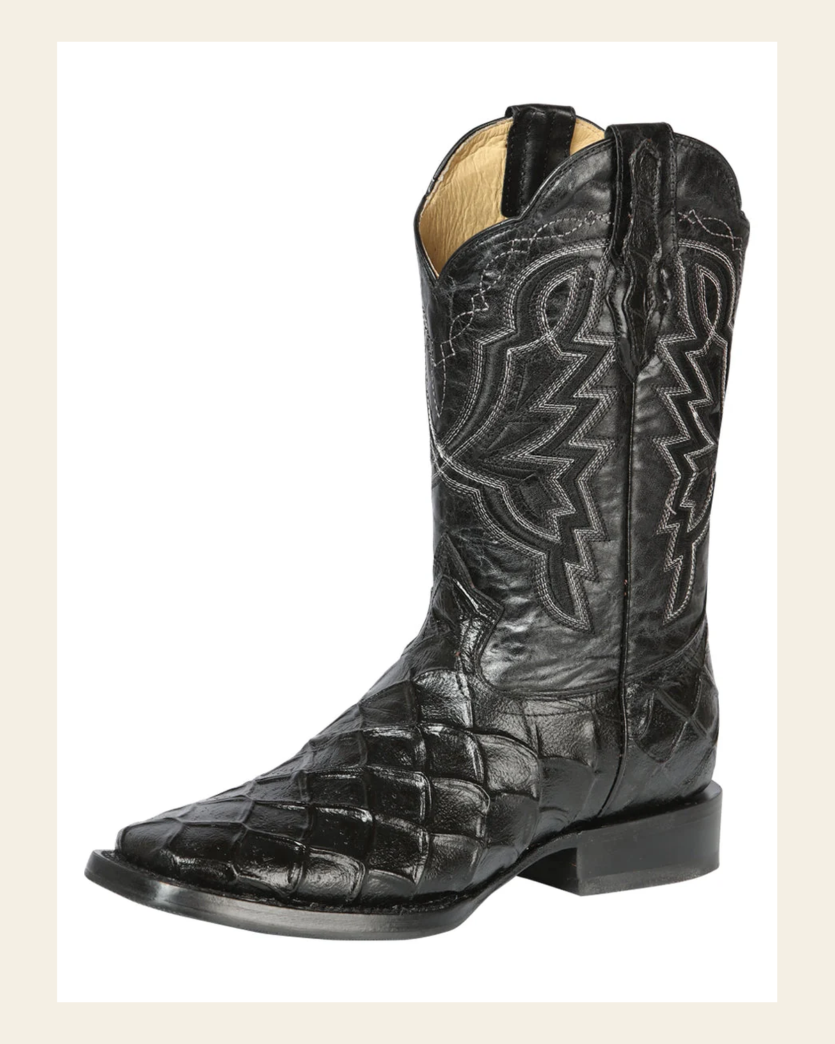 El General Men’s Leather Cowboy Boot - Made in Mexico - Embossed Pirarucu Print - Black 44663 on a warm cream background