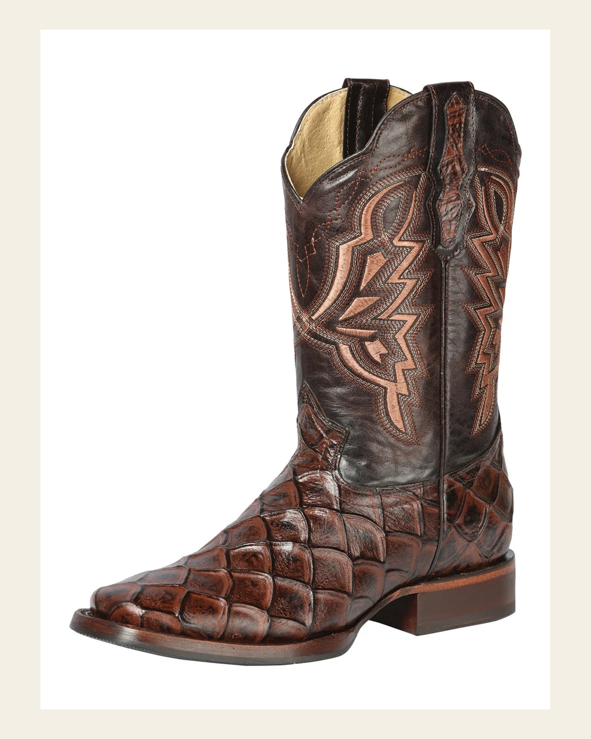 El General Men’s Leather Cowboy Boot - Made in Mexico - Embossed Pirarucu Print - Brown 44664 on a warm cream background