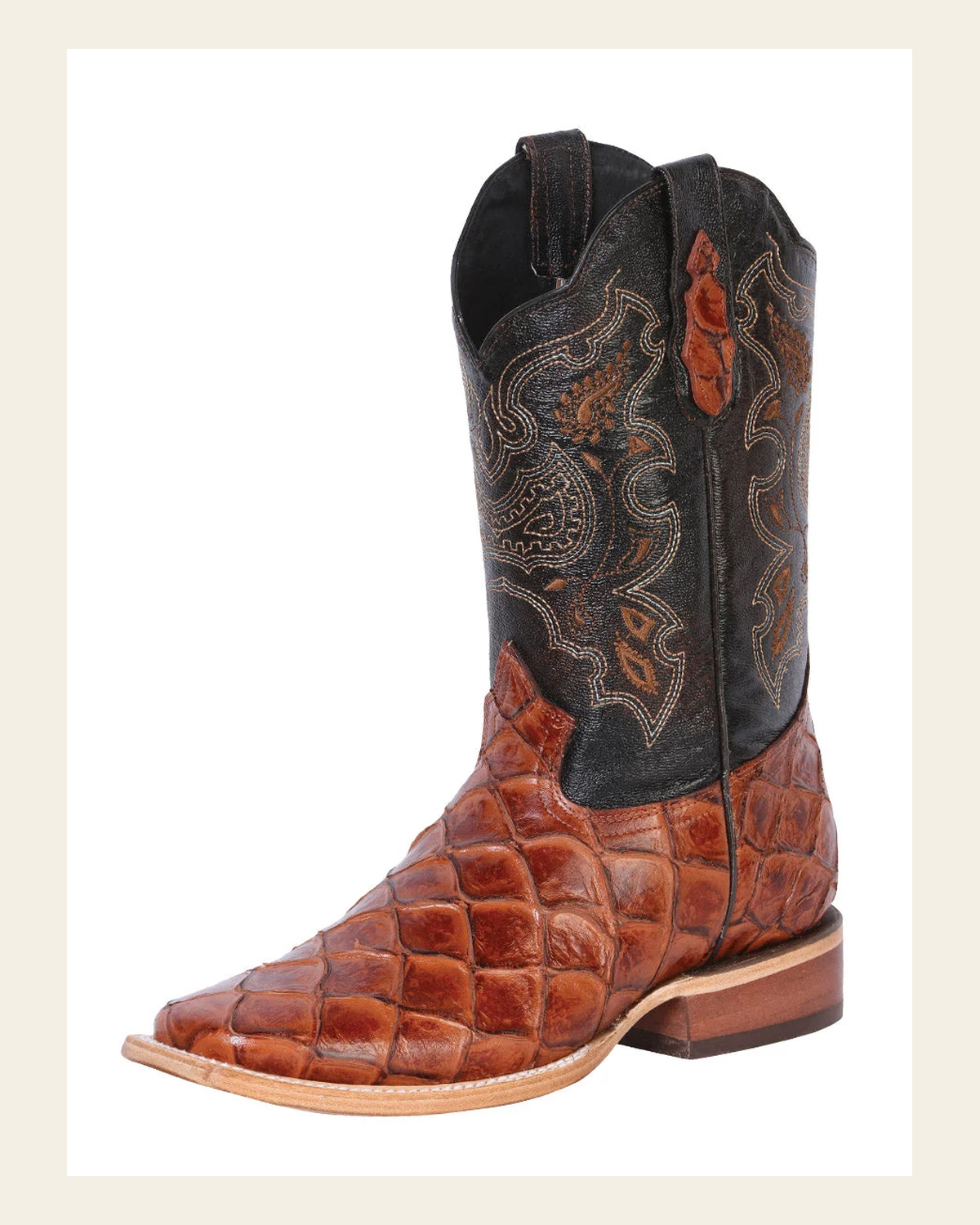 El General Men's Leather Cowboy Boot - Made in Mexico - Embossed Pirarucu Monster Fish - Cognac 41793 on a warm cream background