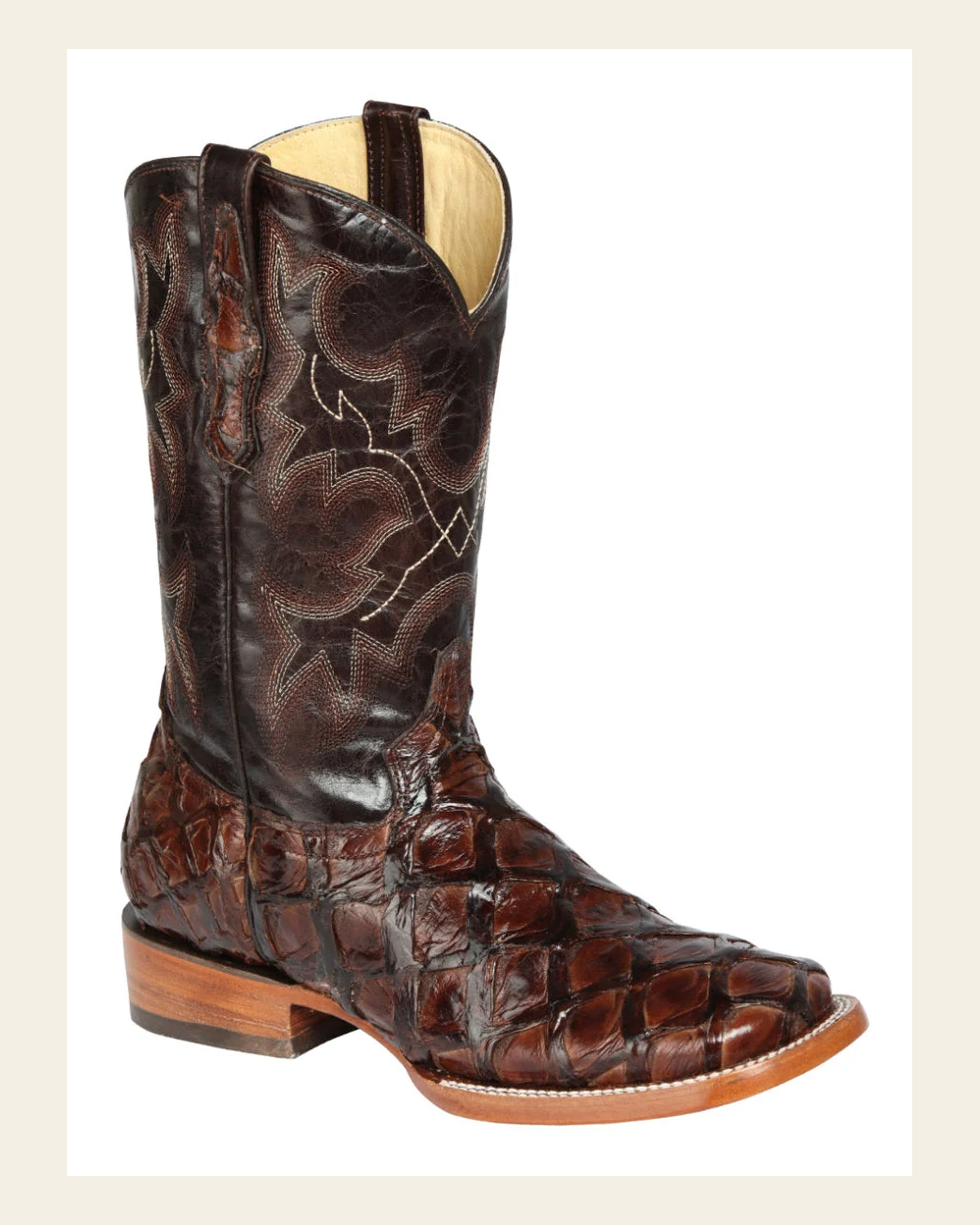 El General Men's Exotic Monster Fish Rodeo Boots - Brown 44116 on a warm cream background