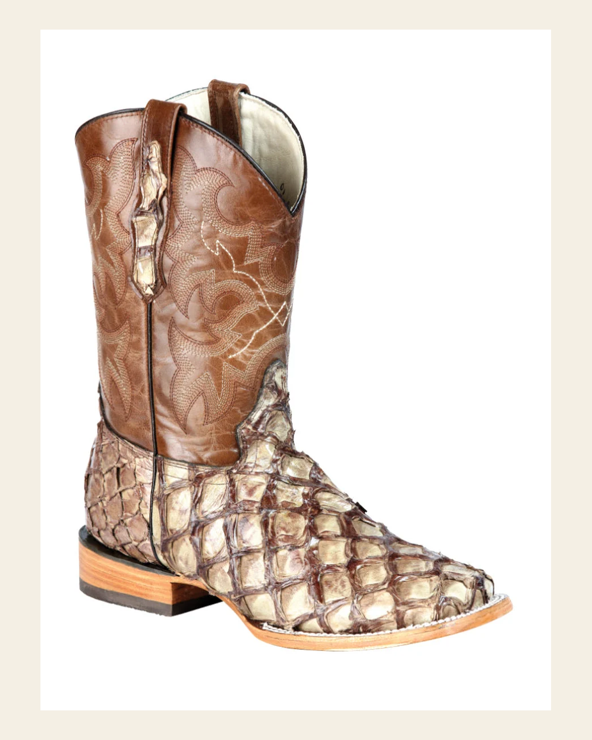 El General Men's Exotic Monster Fish Cowboy Boots - Made in Mexico - Cream 44114 on a warm cream background