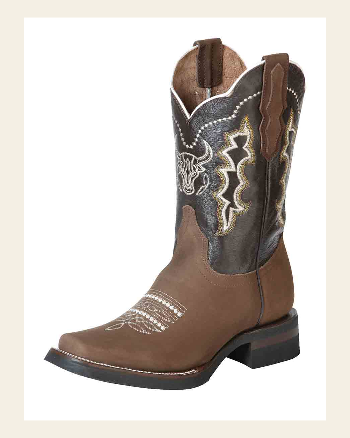 El General Men’s Leather Cowboy Boot - Made in Mexico - Nubuck Camel 51113 on a warm cream background