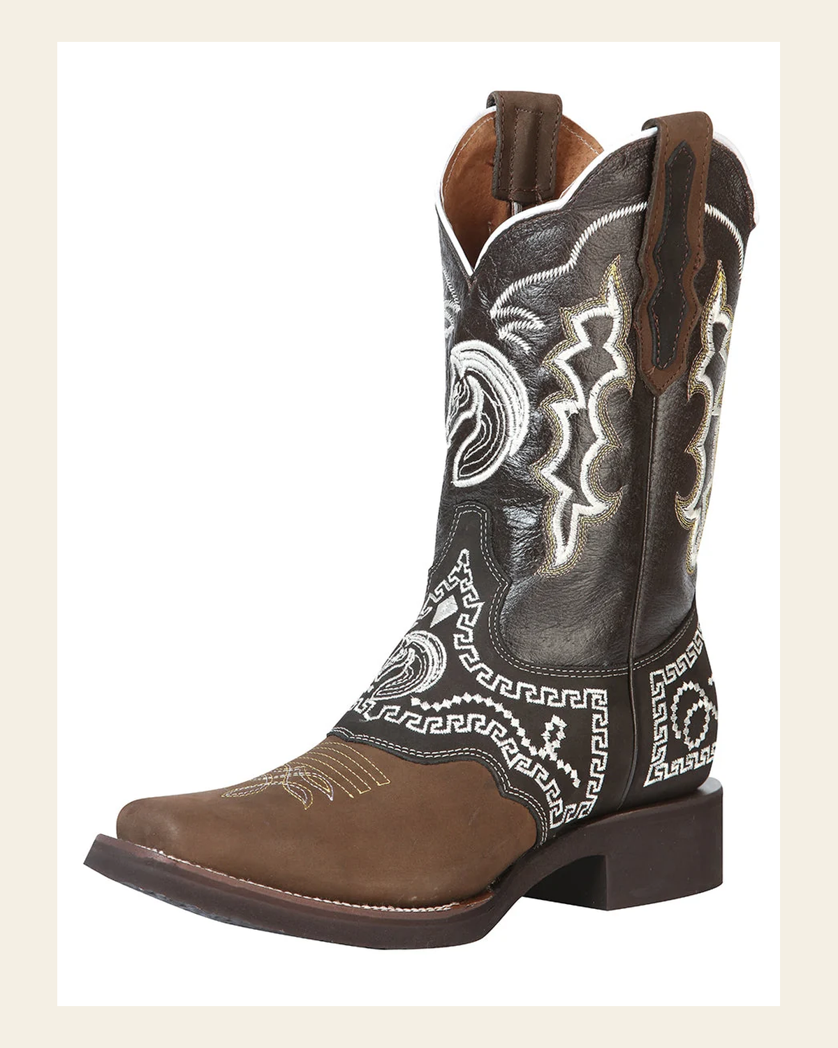 El General Rodeo Boot - Nobuck Dark Brown with Embroidery 51117 on a warm cream background